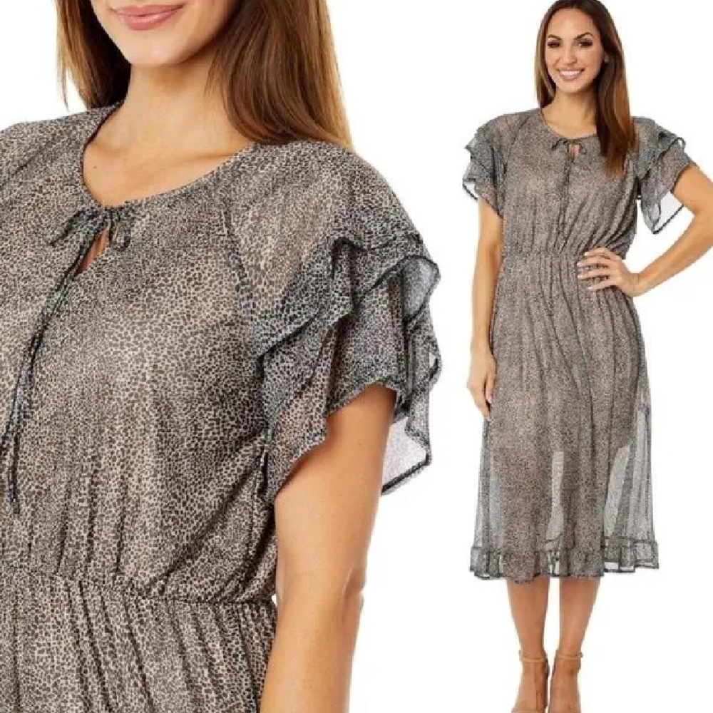 NWT Nordstrom Bobeau Ruffle Sleeve Leopard Print Midi Dress Animal Print Sz M